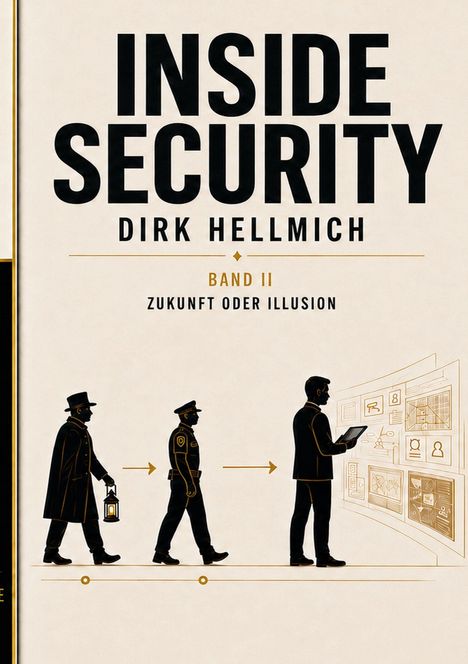 Text: "INSIDE SECURITY", "DIRK HELLMICH", "BAND II", "ZUKUNFT ODER ILLUSION". Illustration: Drei Personen, nacheinander gehend.