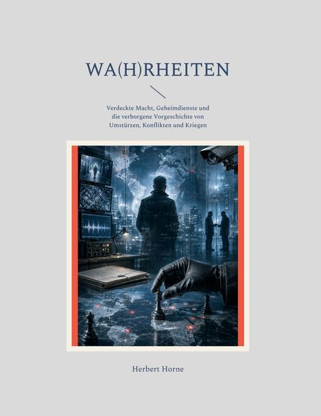 WA(H)RHEITEN. Verdeckte Macht und Geheimdienste. Bild: Mann im Mantel, Überwachungskameras, Hand bewegt Schachfigur auf Karte.