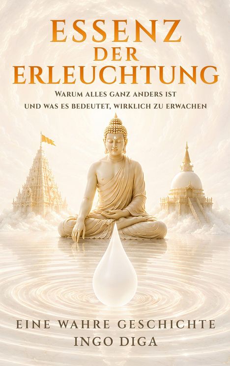 Text: "Essenz der Erleuchtung. Warum alles ganz anders ist und was es bedeutet, wirklich zu erwachen. Eine wahre Geschichte. Ingo Diga." 

Illustration: Buddha-Figur in meditativer Pose mit Tempeln im Hintergrund.