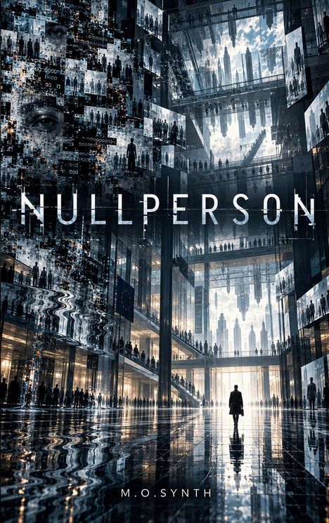„NULLPERSON“, „M.O. SYNTH“. Futuristisches Gebäude mit Spiegeln, Silhouetten und einem einsamen Menschen im Zentrum.