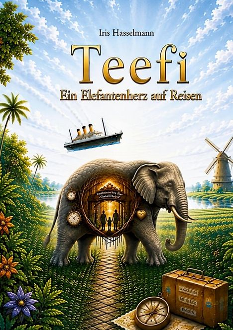 Buchtitel: "Teefi - Ein Elefantenherz auf Reisen". Ein Elefant mit eingebautem Tor, ein Schiff, Blumen und eine Windmühle.