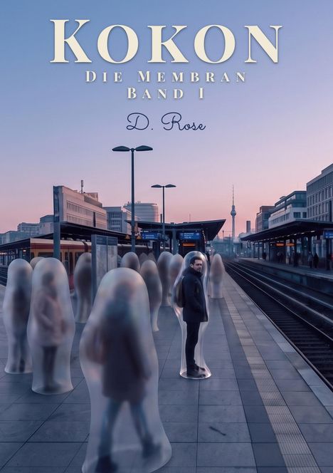 „Kokon. Die Membran Band I. D. Rose.“ Menschen in durchsichtigen Hüllen auf einem Bahngleis mit Fernsehturm im Hintergrund.