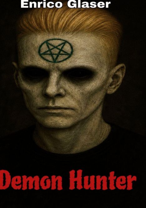 Text: "Enrico Glaser, Demon Hunter." Illustration: Blasser Mann, Pentagramm auf der Stirn, leere schwarze Augen.