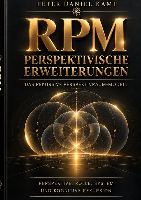 Das Buchcover zeigt Texte: "RPM Perspektivische Erweiterungen", "Das rekursive Perspektivraum-Modell". Goldene Kugeln.