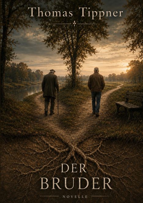 "Thomas Tippner. Der Bruder. Novelle." Zwei Männer auf einem Weg teilen sich, umgeben von Bäumen und ruhiger Landschaft.