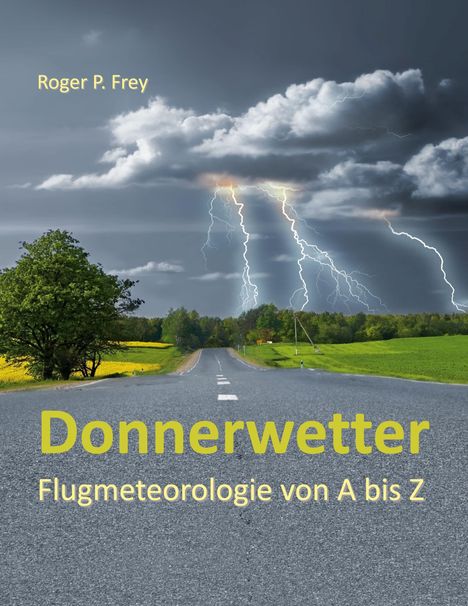 „Donnerwetter: Flugmeteorologie von A bis Z“ von Roger P. Frey. Eine Landstraße führt in ein Gewitter mit Blitzen.