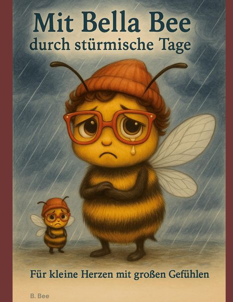 Der Text lautet: "Mit Bella Bee durch stürmische Tage" und "Für kleine Herzen mit großen Gefühlen". Illustration einer traurig aussehenden Biene mit Brille und Mütze im Regen.