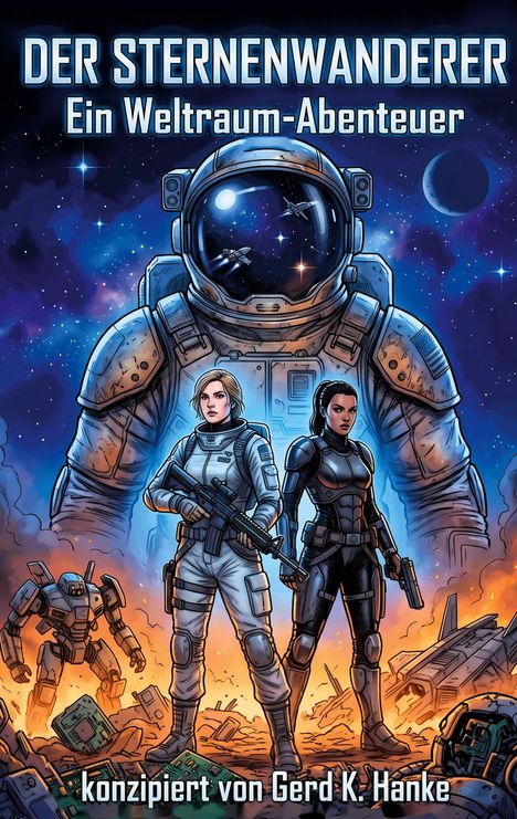 „DER STERNENWANDERER: Ein Weltraum-Abenteuer“. Zwei Personen in Raumanzügen, dahinter ein großer Astronaut und Weltraum.