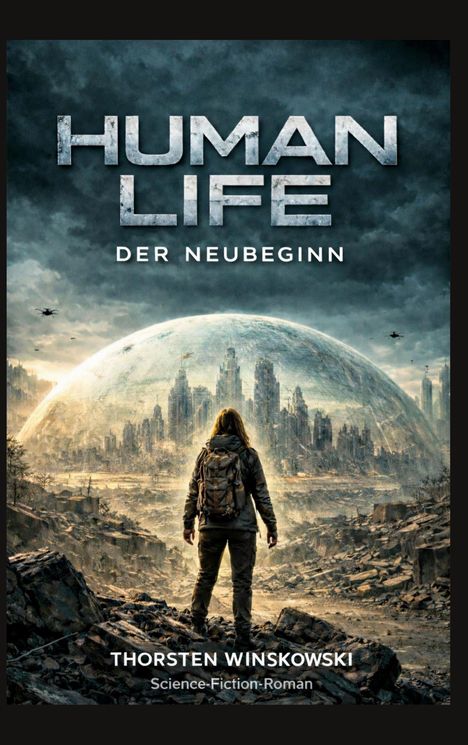 „HUMAN LIFE: DER NEUBEGINN“ oben. Unten „THORSTEN WINSKOWSKI, Science-Fiction-Roman“. Mensch vor futuristischer Kuppel.