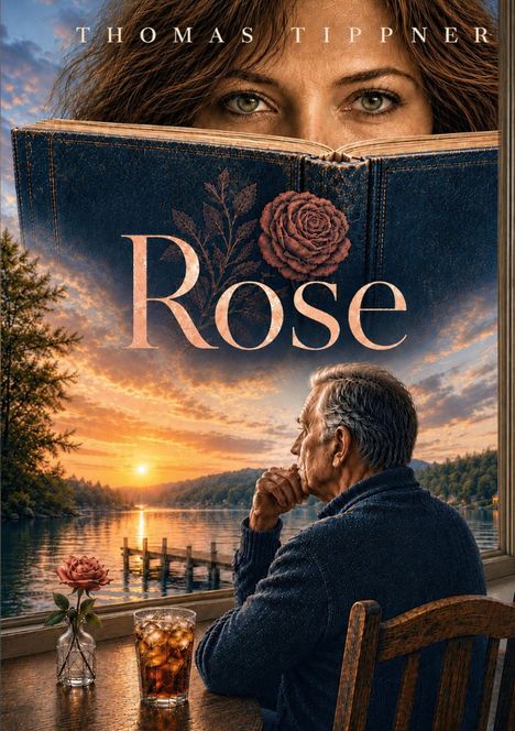 Text: "THOMAS TIPPNER, Rose". Eine Frau schaut über ein Buch, darunter ein älterer Mann, der auf einen Sonnenuntergang blickt.