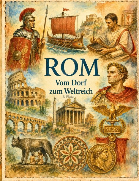 "ROM: Vom Dorf zum Weltreich. JJ Platz." Historische Abbildungen: Zenturio, Kolosseum, Caesar, Schiff, Wölfin mit Zwillingen.