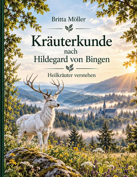 Buchtitel: "Kräuterkunde nach Hildegard von Bingen". Ein weißer Hirsch steht auf einer bunten Blumenwiese vor nebeligen Hügeln.