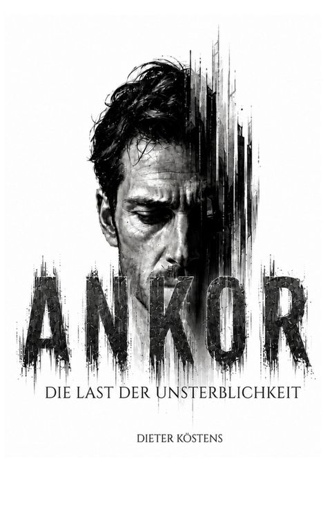 Text: "ANKOR", "Die Last der Unsterblichkeit", "Dieter Köstens". Düsteres Gesicht, Halbton-Filter, imaginäre Vertikale.