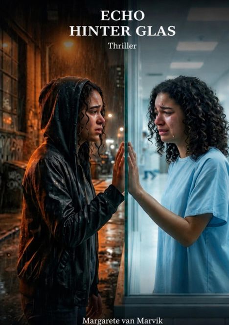Text: „Echo Hinter Glas: Thriller - Margarete van Marvik“. Zwei Frauen, getrennt durch Glas, berühren es traurig.