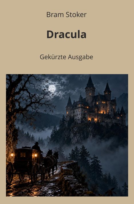 Titel: Dracula, Bram Stoker, Gekürzte Ausgabe. Eine Burg bei Nacht mit Vollmond und Kutsche auf einem Weg.