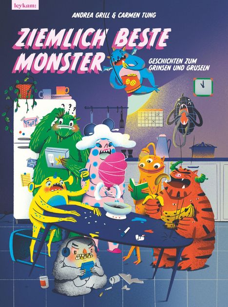 "Ziemlich beste Monster: Geschichten zum Grinsen und Gruseln". Illustration mit bunten Monstern in einer Küche.