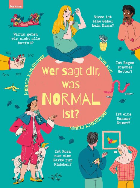 „Wer sagt dir, was NORMAL ist?“ Umgeben von cartoonartigen Figuren, die Fragen stellen.