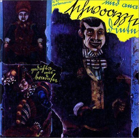 Handgeschriebener Text in Gelb und Weiß, dunkle Illustration von drei lächelnden Figuren in altmodischer Kleidung.