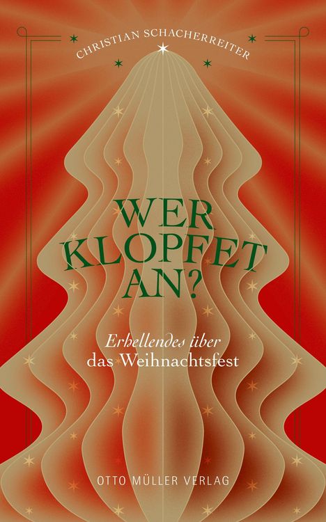 "WER KLOPFET AN?" in grüner Schrift über festlicher, wellenförmiger Grafik auf rotem Hintergrund, mit Sternendetails.