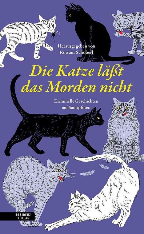 „Die Katze lässt das Morden nicht“ in gelber Schrift, mehrere Katzen auf lila Hintergrund, kriminelle Geschichten.