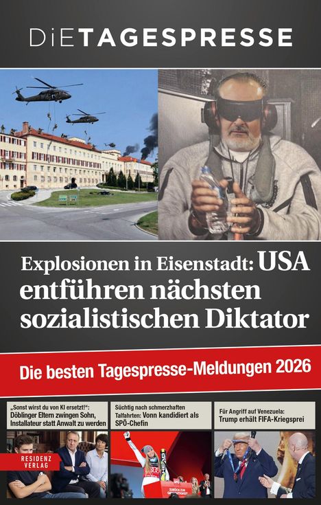 Explosionsgeräusche, Helikopter über Gebäude, Mann mit Flasche und Kopfhörern. Texte über Politik und Humor.