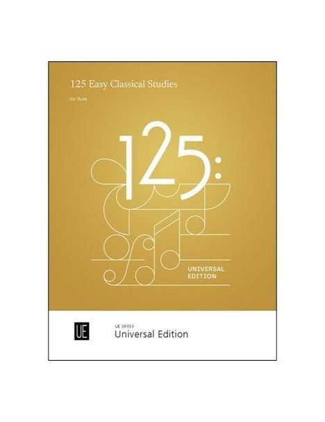 "125 Easy Classical Studies for Flute" steht oben auf einem goldenen Hintergrund. In der Mitte ist eine große "125" mit abstrakten Noten.