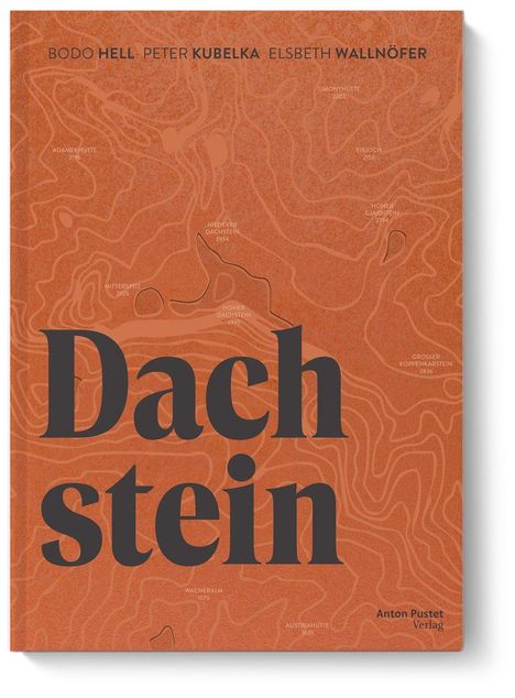 "Dachstein" in großer Schrift, umgeben von Namen und Höhenangaben auf orangefarbenem Hintergrund mit topografischen Linien.
