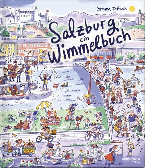 Text: "Salzburg ein Wimmelbuch". Illustration: Lebendige Stadtszene mit Menschen bei verschiedenen Freizeitaktivitäten.