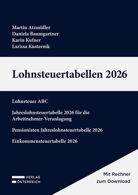 Über "Lohnsteuertabellen 2026" stehen vier Namen, darunter "Martin Atzmüller". Logo unten links: "Verlag Österreich".