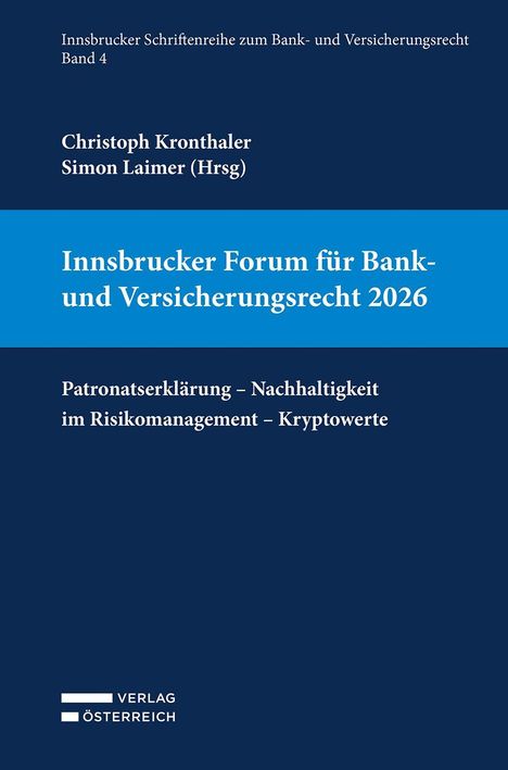 Buchtitel: Innsbrucker Forum für Bank- und Versicherungsrecht 2026. Unten: Verlag Österreich Logo. Blaues und weißes Design.