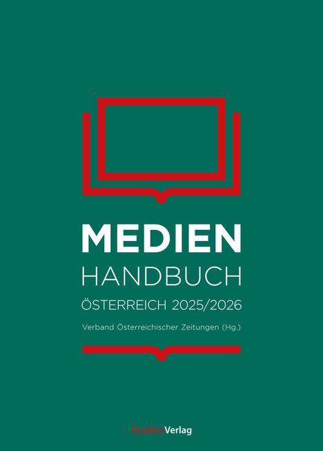 "MEDIEN HANDBUCH ÖSTERREICH 2025/2026. Verband Österreichischer Zeitungen (Hg.)." Rote Buchkontur auf grünem Hintergrund.