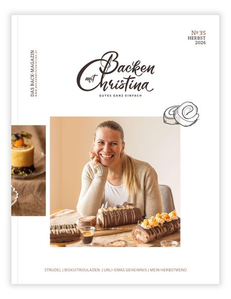 „Backen mit Christina“, Ausgabe Nr. 35, Herbst 2026. Eine lächelnde Frau sitzt vor Kuchen auf einem Tisch.
