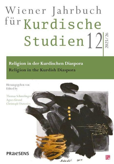 "Wiener Jahrbuch für Kurdische Studien 12, 2025/26. Religion in der Kurdischen Diaspora." Künstlerische schwarze und gelbe Formen.