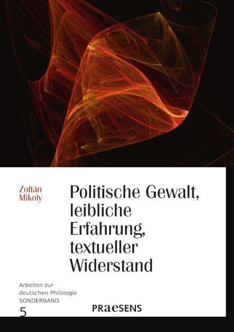 „Politische Gewalt, leibliche Erfahrung, textueller Widerstand“. Abstrakte rot-orange Linien auf schwarzem Hintergrund.