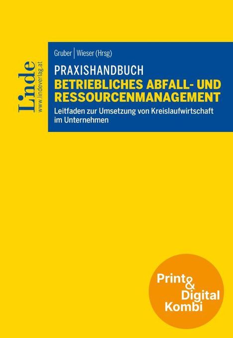 Praxishandbuch betriebliches Abfall- und Ressourcenmanagement. Gelber Hintergrund, blaues Textfeld, Verlag-Logo links.