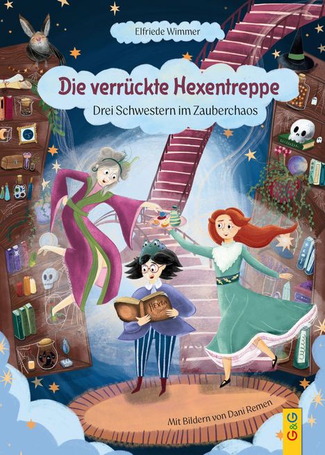 "Drei Schwestern im Zauberchaos". Drei Hexen auf einer fliegenden Treppe, umgeben von Regalen mit Zaubertränken und Büchern.