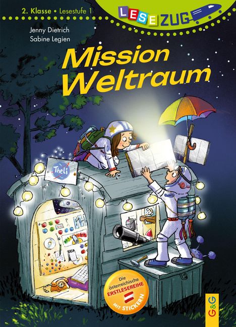 „Mission Weltraum“, bunte Zeichnung: zwei Kinder in Astronautenanzügen auf einem beleuchteten Häuschen im Freien.