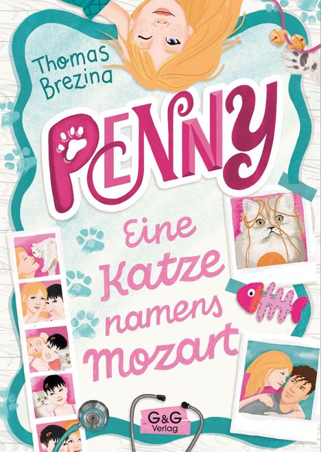 "Thomas Brezina: Penny. Eine Katze namens Mozart. G&G Verlag." Illustration mit Mädchen, Katze und Fotos. Bunte Elemente.