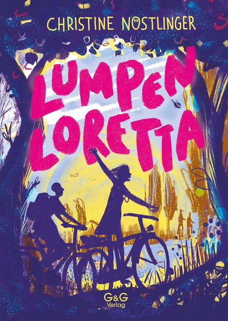Text: "Christine Nöstlinger", "Lumpenloretta", "G & G Verlag".  
Illustration: Kinder auf Fahrrädern unter buntem Himmel.