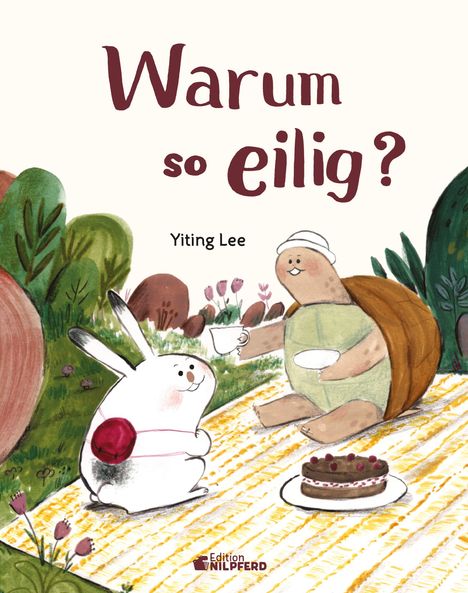 "Warum so eilig?" von Yiting Lee. Eine Schildkröte und ein Hase sitzen auf einer Decke mit Kuchen und Tee im Freien.