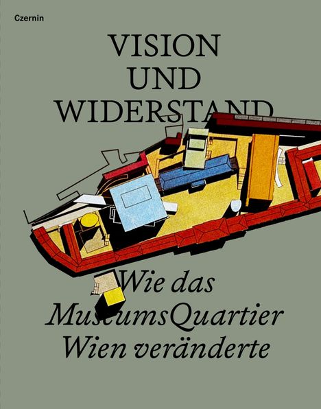 "Vision und Widerstand. Wie das MuseumsQuartier Wien veränderte." Illustration: bunte abstrakte Formen auf grauem Grund.