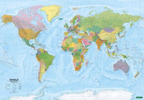 World map, political - physical, english, 1:20.000.000, Poster, freytag &amp; berndt, Karten