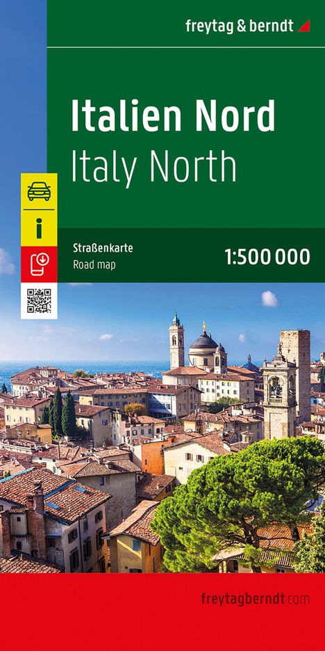 Text: "Italien Nord", "Italy North", "Straßenkarte", "Road map", "1:500 000". Stadtansicht von oben, Kirchtürme und Dächer.