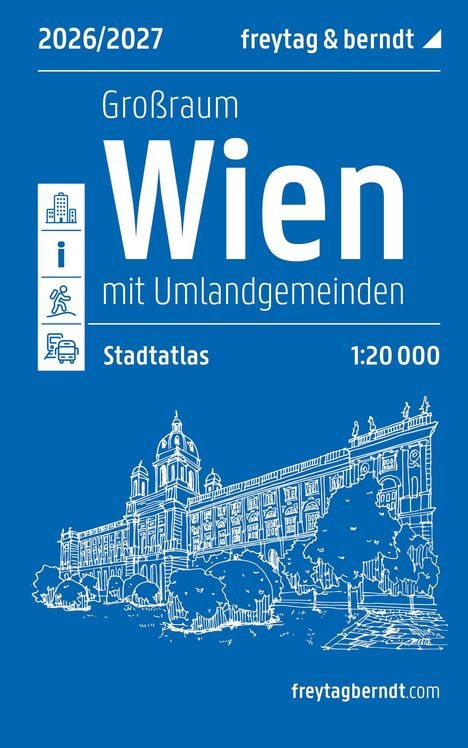 2026/2027, Großraum Wien mit Umlandgemeinden, Stadtatlas 1:20 000. Skizze eines großen historischen Gebäudes.