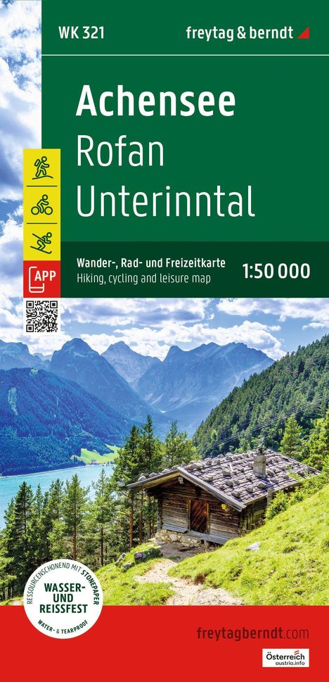 Titel: "Achensee Rofan Unterinntal". Wander-, Rad- und Freizeitkarte 1:50.000. QR-Code und Piktogramme für Wandern, Radfahren. Berglandschaft mit See und Hütte.