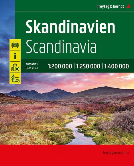 „Skandinavien Scandinavia“. Autoatlas. Landschaft mit Fluss, Hügeln und farbigem Himmel. Icons für Auto und Tourismus.