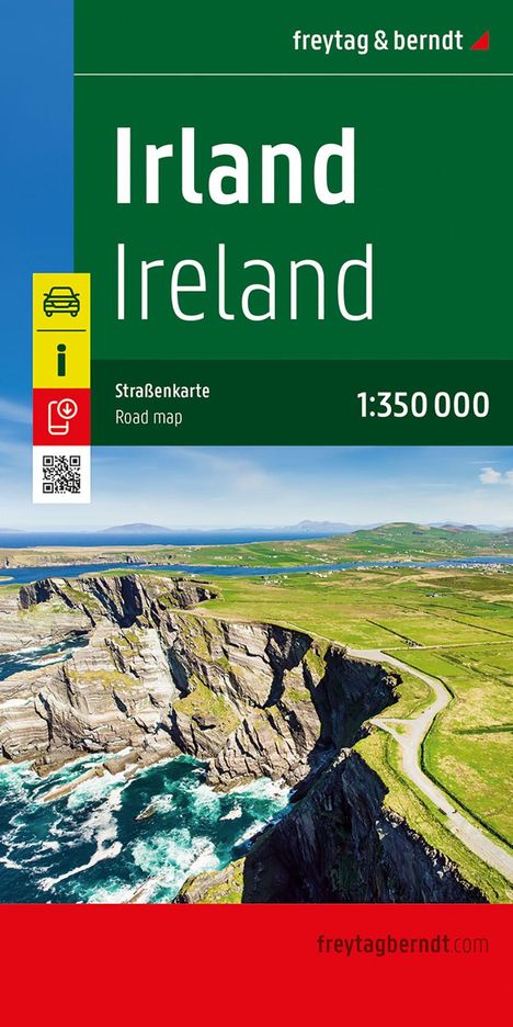 "Irland Ireland, Straßenkarte Road map, 1:350 000." Ein Küstenpanorama mit Klippen und Meer, grüner Landschaft und Straße.