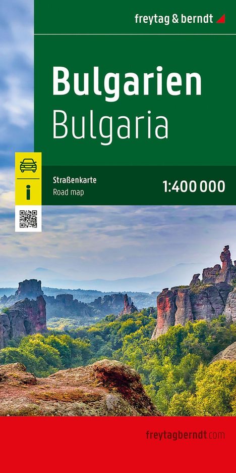 Titel "Bulgarien Bulgaria", 1:400 000, Straßenkarte. Foto: Felsformationen in grüner Landschaft unter blauem Himmel.