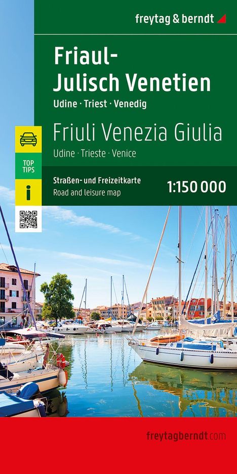 "Friaul-Julisch Venetien" Karte, 1:150 000, zeigt Segelboote im Hafen vor bunten Gebäuden und blauem Himmel.