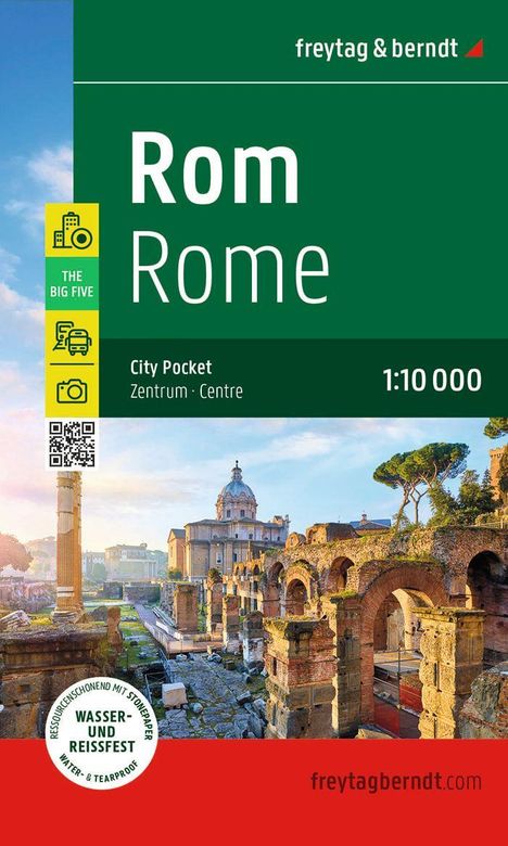Text: "Rom Rome, City Pocket, Zentrum Centre, 1:10 000, WASSER- UND REISSFEST." Ruinen vor blauem Himmel.